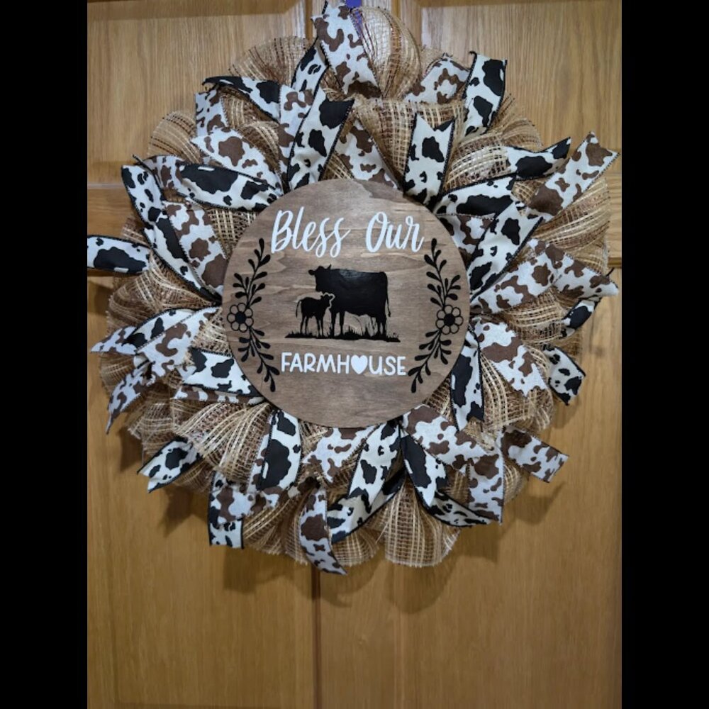 Bless Our Farmhouse Wreath, Farmhouse Decor, Cow, Wreath, Gift, Kitchen Decor